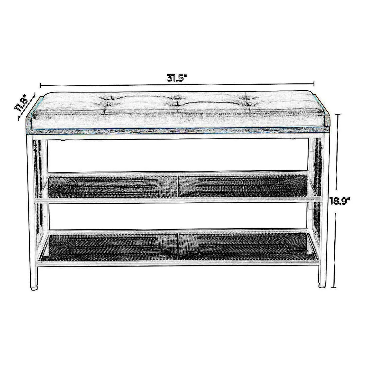 32 Inch Button Tufted Shoe Rack Bench, Vegan Faux Leather Seat, 2 Mesh Shelves, Black, Brown