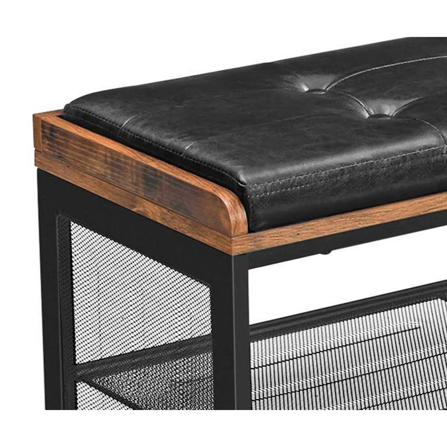 32 Inch Button Tufted Shoe Rack Bench, Vegan Faux Leather Seat, 2 Mesh Shelves, Black, Brown