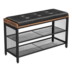 32 Inch Button Tufted Shoe Rack Bench, Vegan Faux Leather Seat, 2 Mesh Shelves, Black, Brown