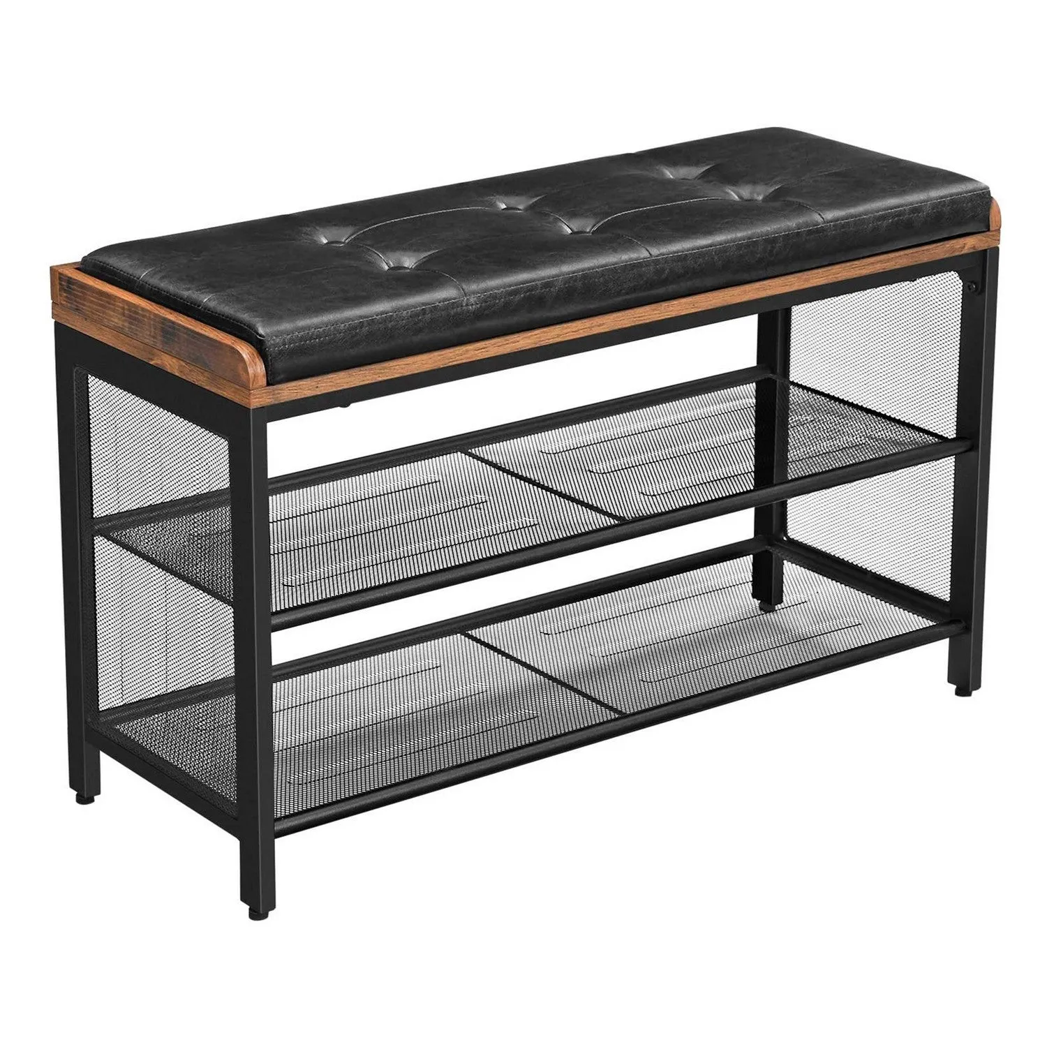 32 Inch Button Tufted Shoe Rack Bench, Vegan Faux Leather Seat, 2 Mesh Shelves, Black, Brown