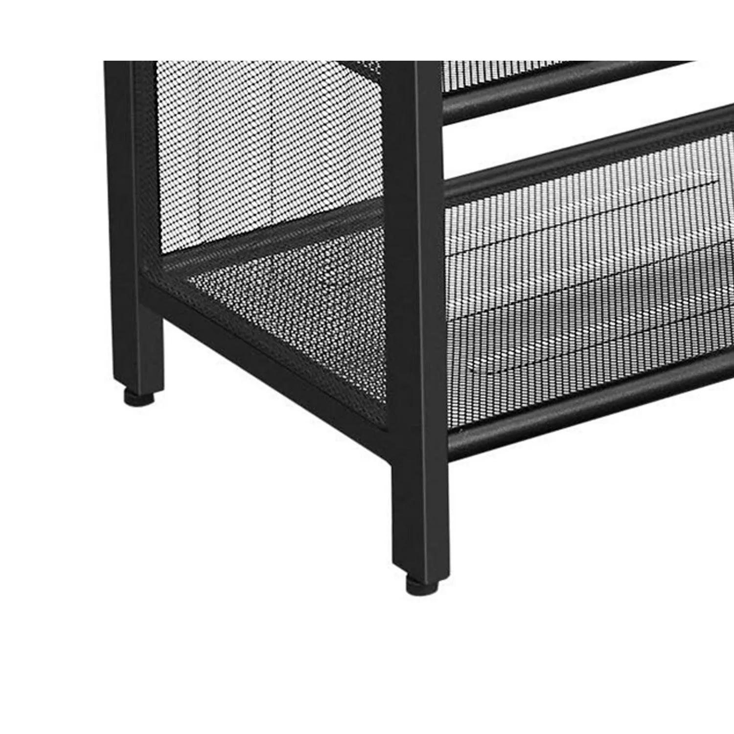 32 Inch Button Tufted Shoe Rack Bench, Vegan Faux Leather Seat, 2 Mesh Shelves, Black, Brown
