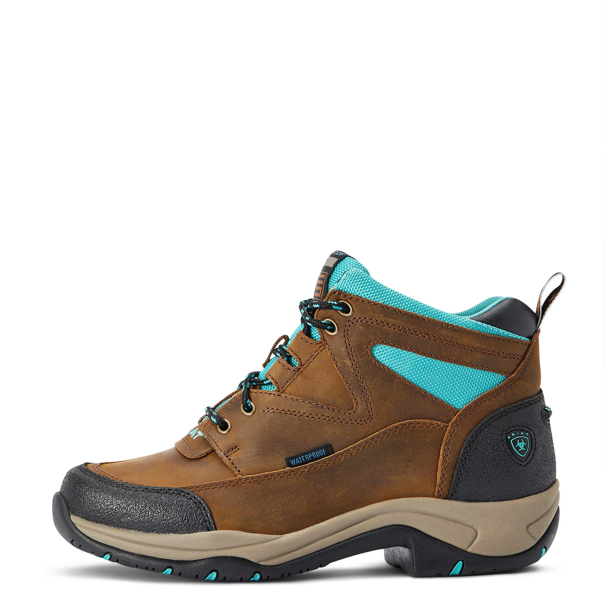 Ariat Weathered Brown/Turquoise Waterproof Terrain Round Toe Shoes for Women