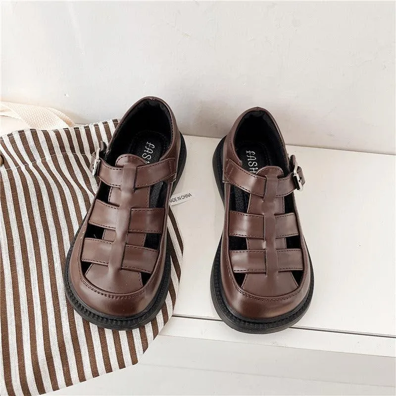 British Style Cutout Buckled Slip-Resistant Leather Girls Shoes Sandals Wholesale