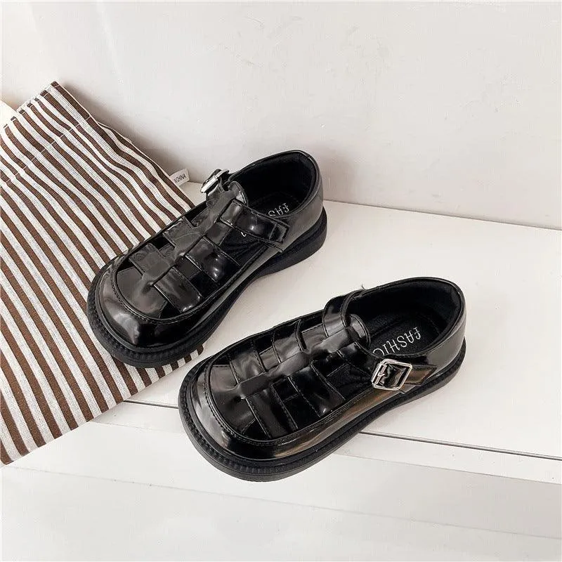 British Style Cutout Buckled Slip-Resistant Leather Girls Shoes Sandals Wholesale