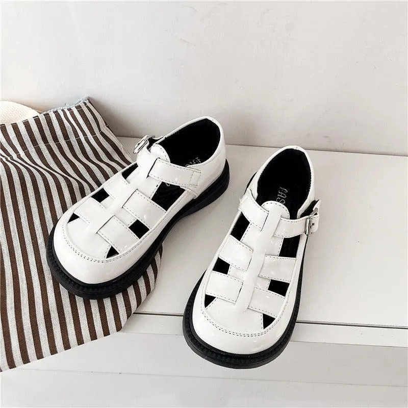 British Style Cutout Buckled Slip-Resistant Leather Girls Shoes Sandals Wholesale